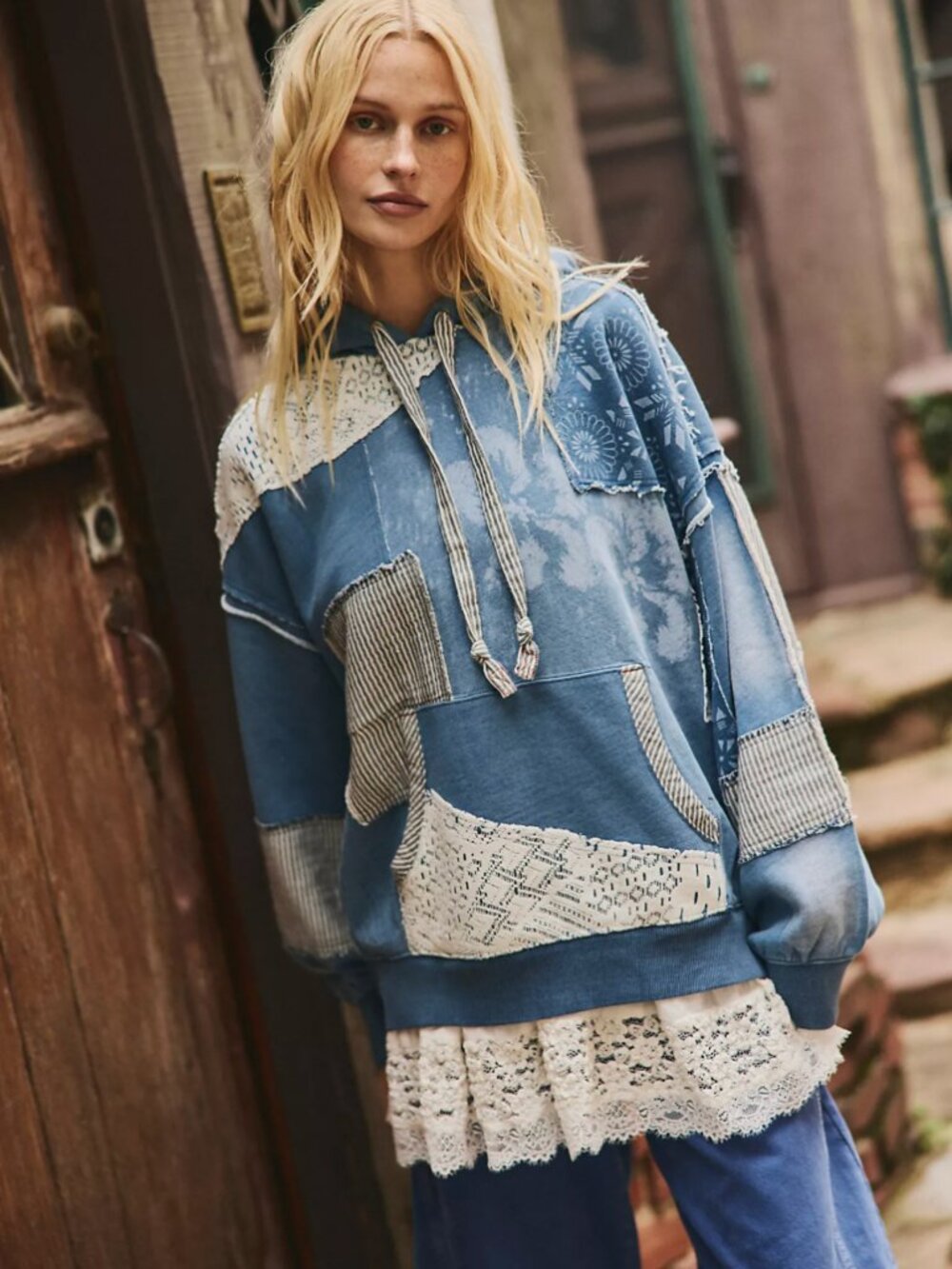 NWT HTF We The Free People Tattered Romance Patchwork Hoodie Indigo Boho XS $248